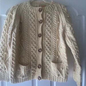Vintage Loch Carron Wool Aran Fishermans Knit Sweater Cardigan Ireland Ivory S